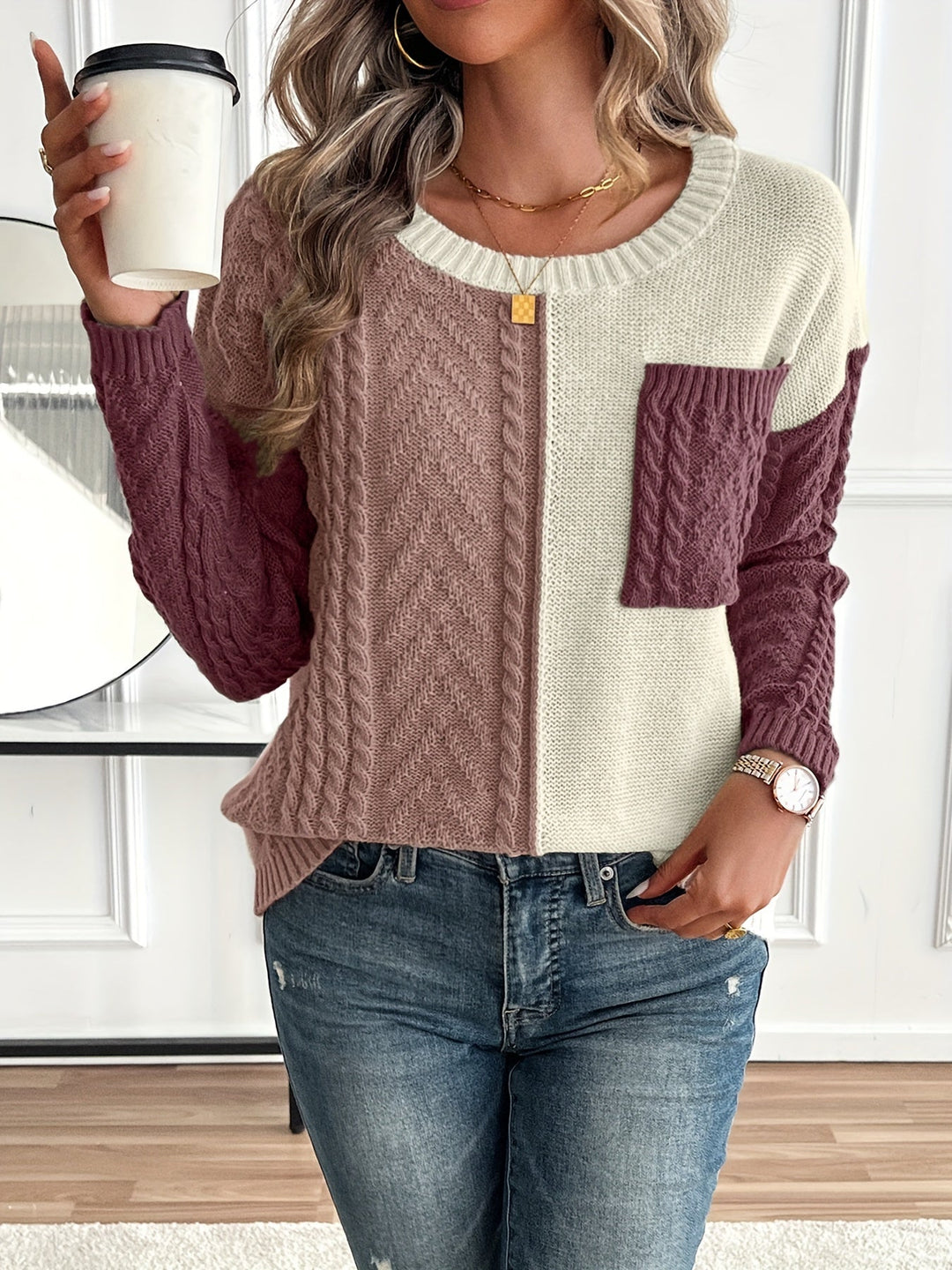 Women's Color-Block Cable-Knit Christmas Jumper (8)