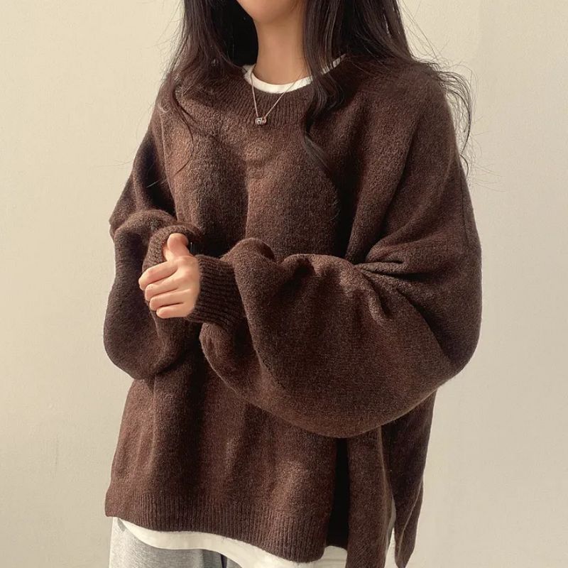 Women's Comfortable Knit Sweaters with Drop Shoulders in Brown