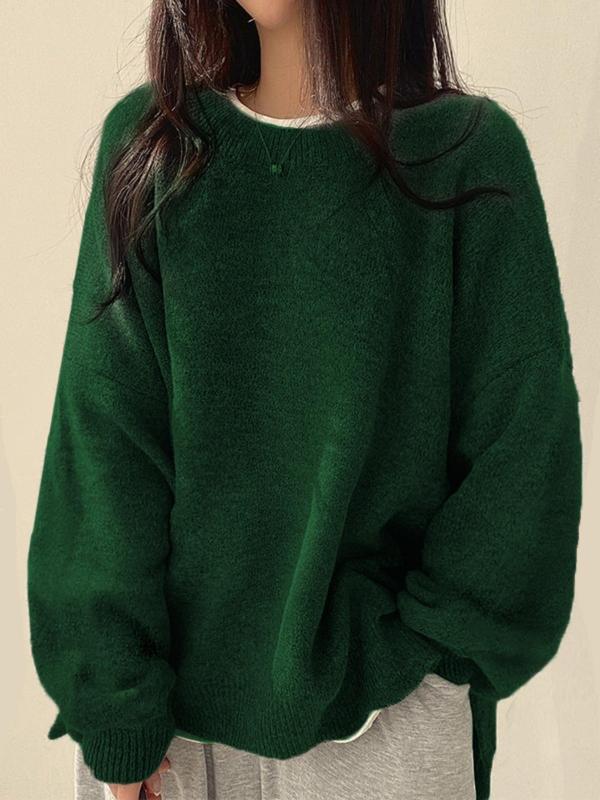 Women's Comfortable Knit Sweaters with Drop Shoulders in Dark Green