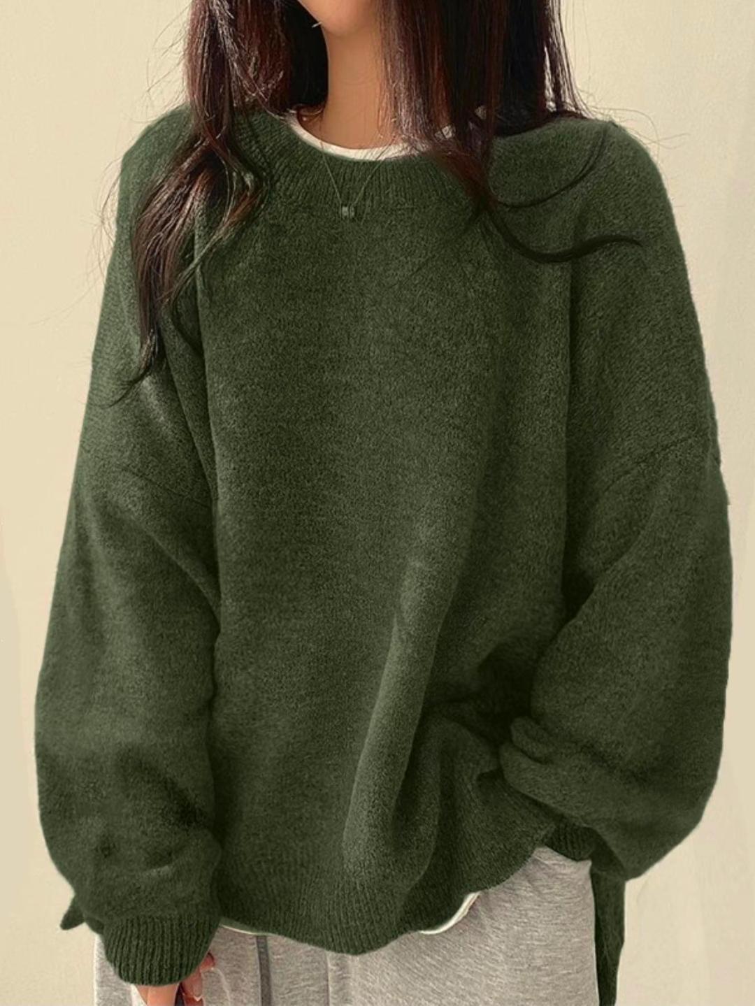 Women's Comfortable Knit Sweaters with Drop Shoulders in Olive