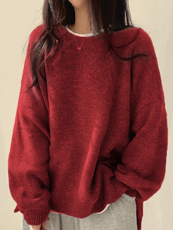 Women's Comfortable Knit Sweaters with Drop Shoulders in Red