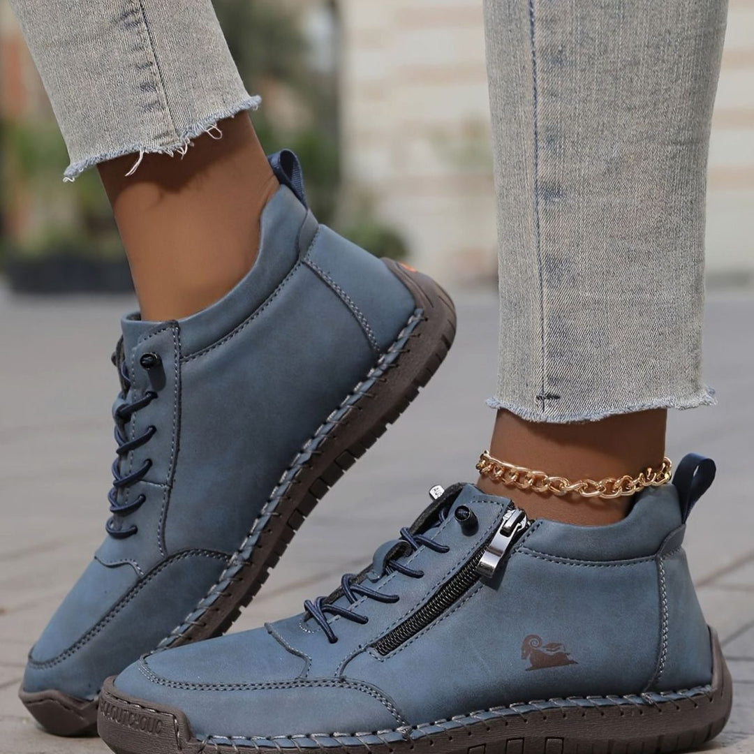 Women's Comfortable Lace-Up Ankle Boots with Zipper in Blue
