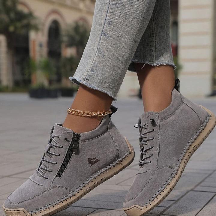 Women's Comfortable Lace-Up Ankle Boots with Zipper in Grey