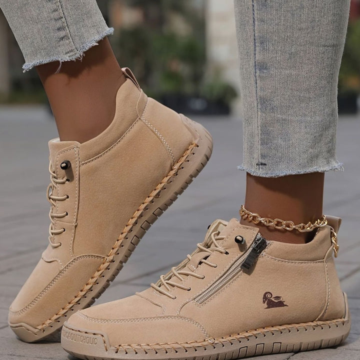 Women's Comfortable Lace-Up Ankle Boots with Zipper in Khaki