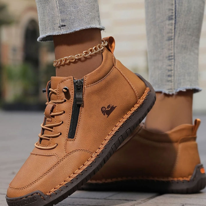 Women's Comfortable Lace-Up Ankle Boots with Zipper in Olivbraun