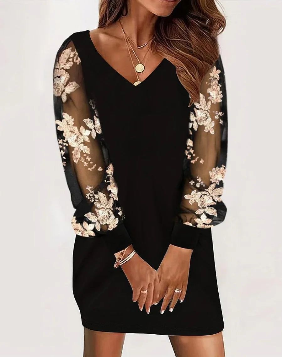 Women's Comfortable Long-Sleeve Midi Dress in Floral