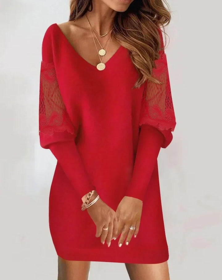 Women's Comfortable Long-Sleeve Midi Dress in Red