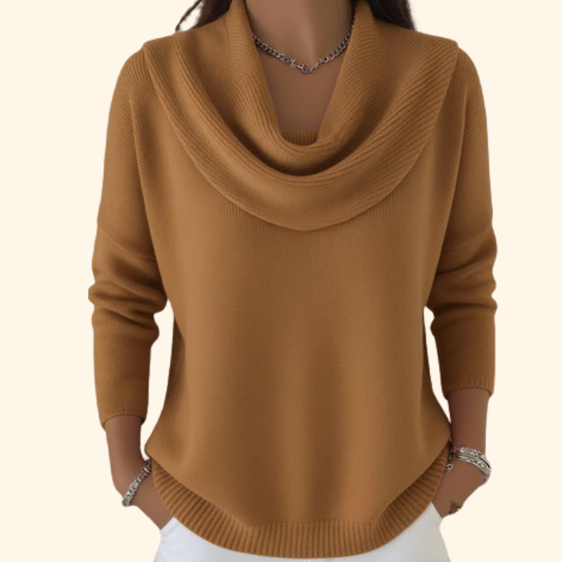 Women's Comfortable Sweater with Elegant Draped Neckline in Brown