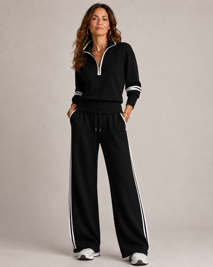 Women's Cosy Knit Jumper Dress and Trousers Set in Black
