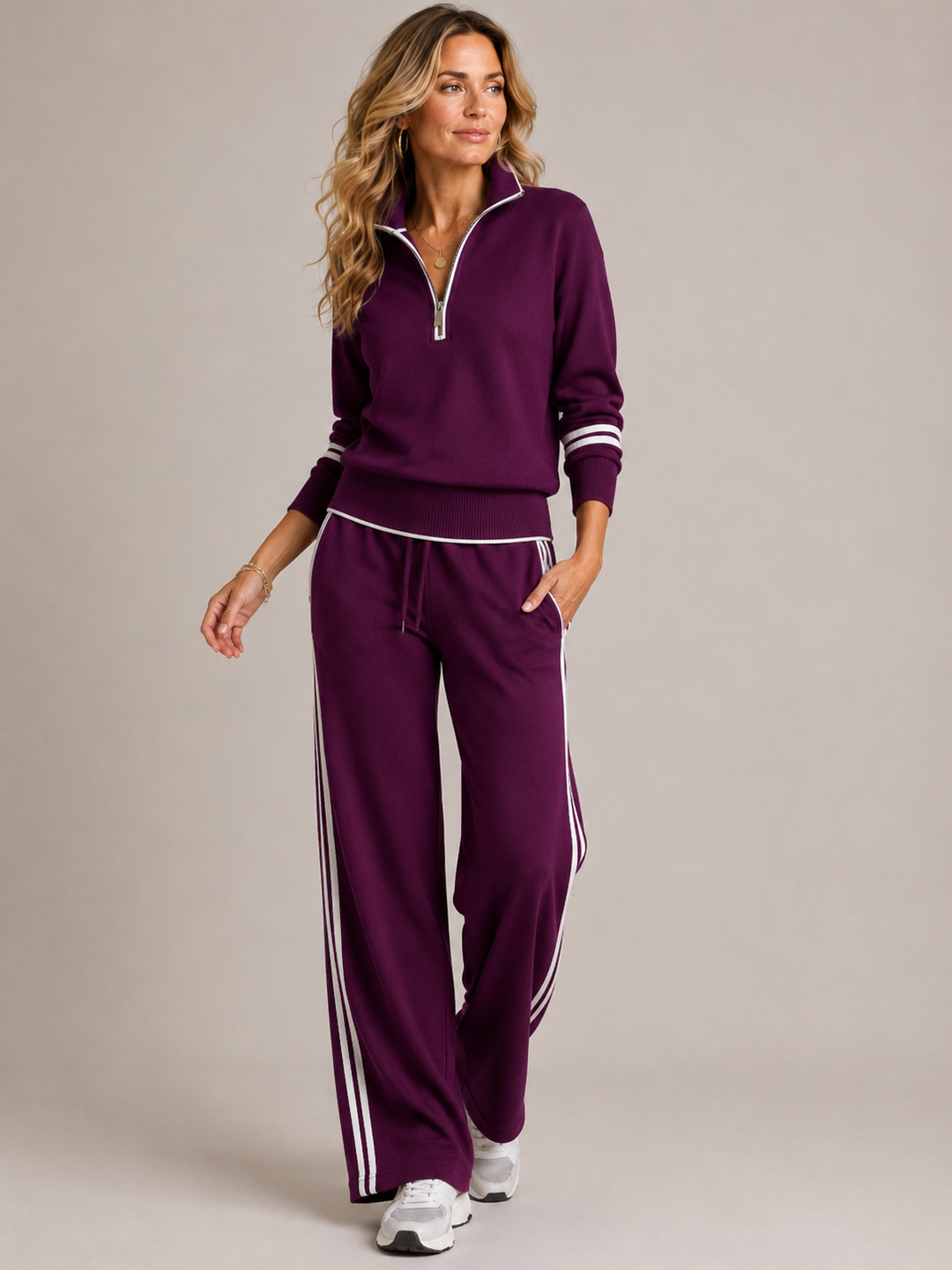 Women's Cosy Knit Jumper Dress and Trousers Set in Purple