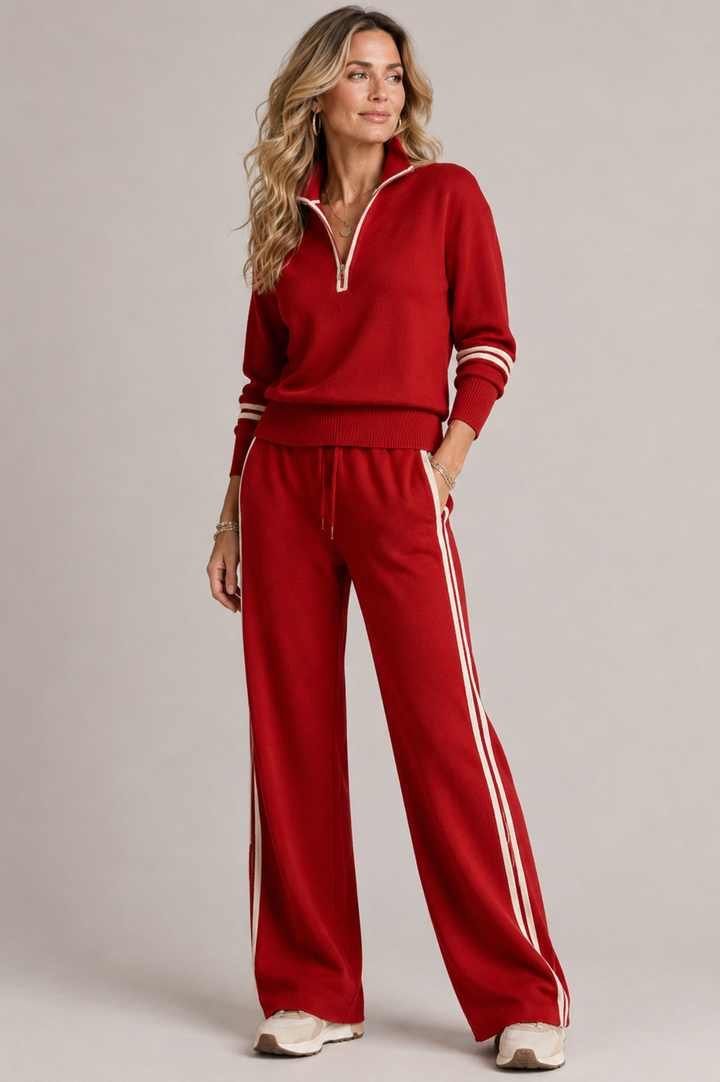 Women's Cosy Knit Jumper Dress and Trousers Set in Red