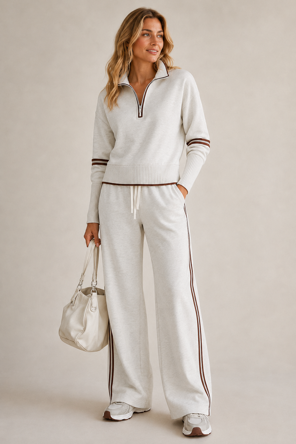 Women's Cosy Knit Jumper Dress and Trousers Set in White