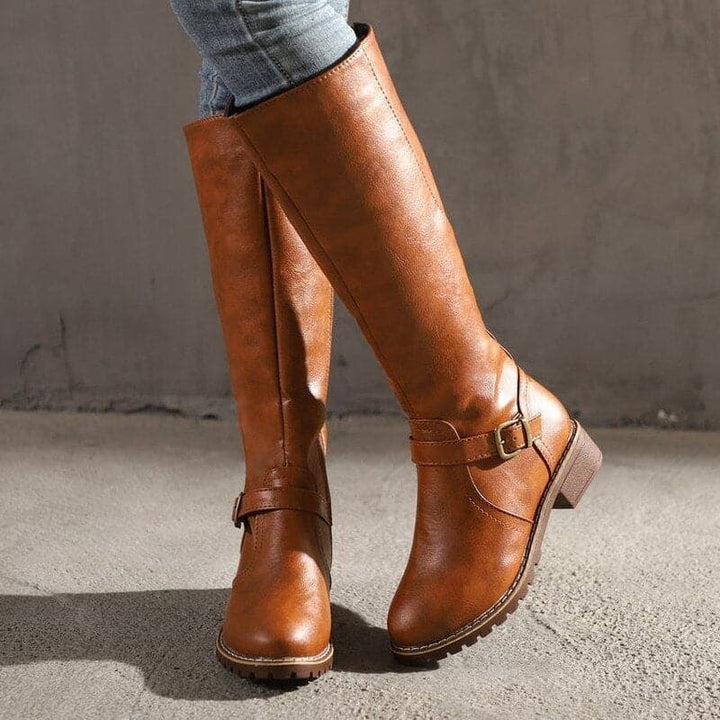 Women's Cowboy Boots Knee-High Buckled in Brown