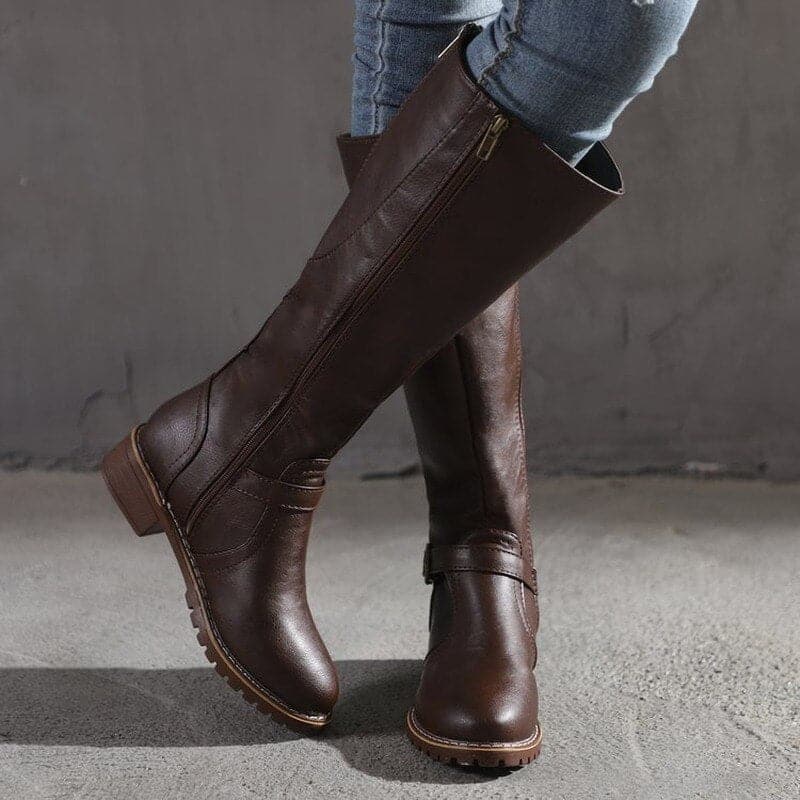 Women's Cowboy Boots Knee-High Buckled in Dark Brown