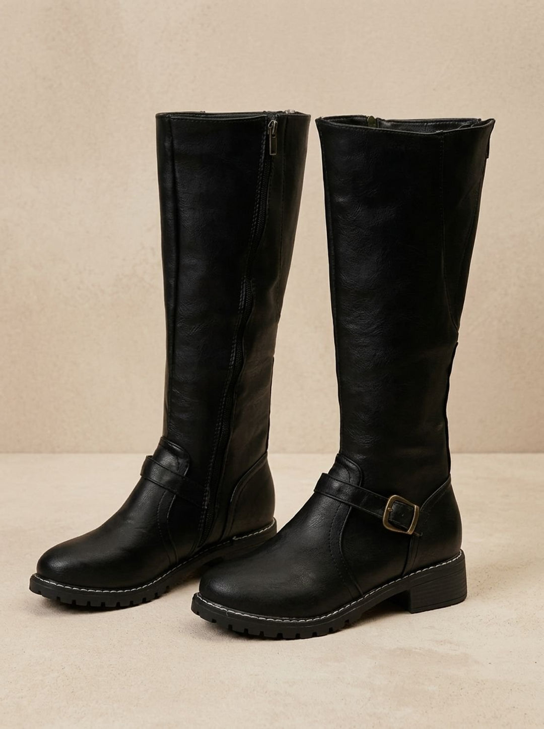 Women's Cowboy Boots Knee-High with Gold Buckle in Black