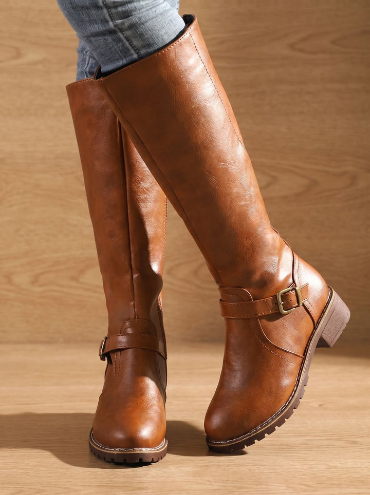 Women's Cowboy Boots Knee-High with Gold Buckle in Brown