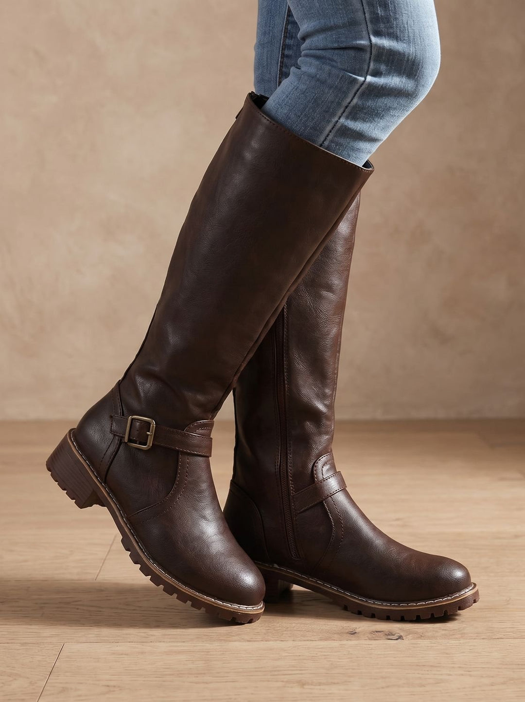 Women's Cowboy Boots Knee-High with Gold Buckle in Dark Brown