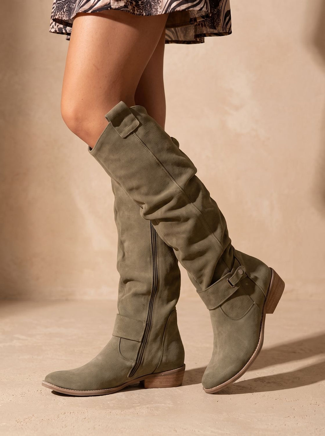 Women's Cowboy Boots Slouchy Knee-High Faux Suede in Green