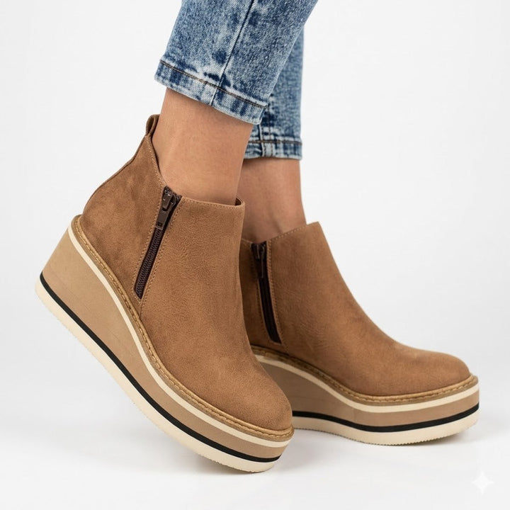Women's Cowboy Boots with Platform Wedge Sole in Beige
