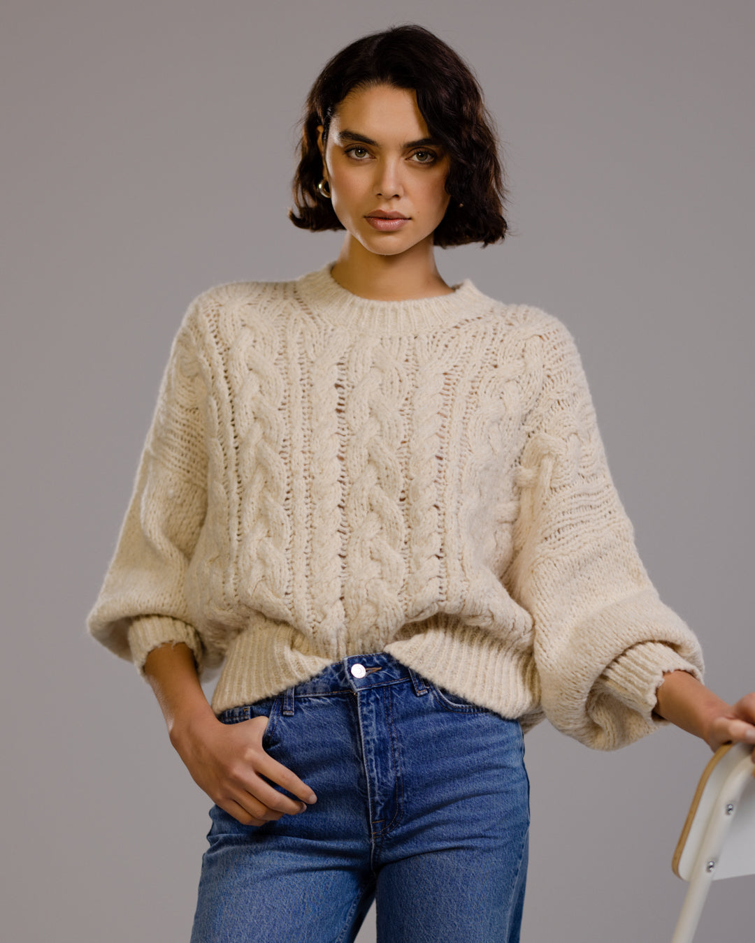 Women's Cream Cable Knit Jumper in Beige