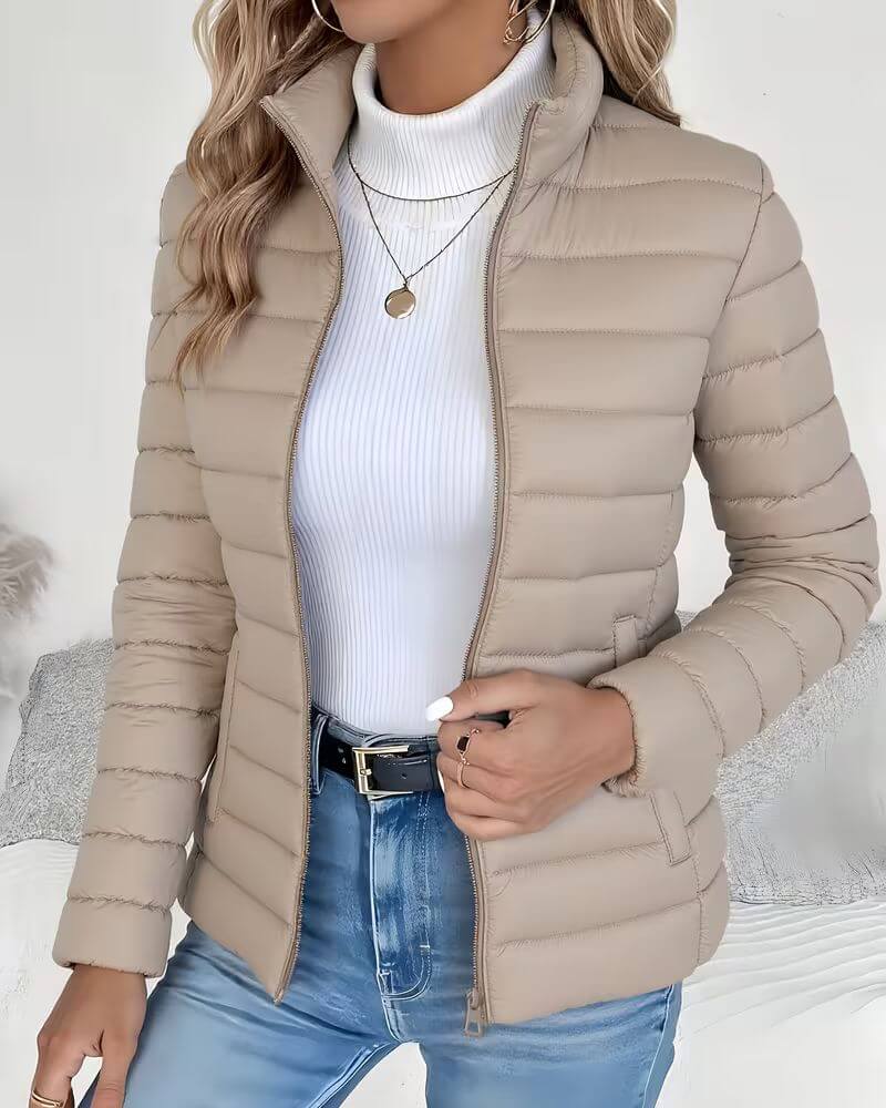 Women's Cropped Quilted Puffer Jacket in Beige