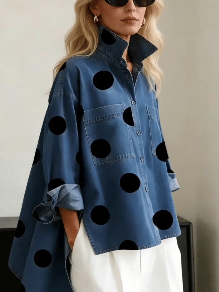Women's Denim Blouse with Bold Polka Dots (2)