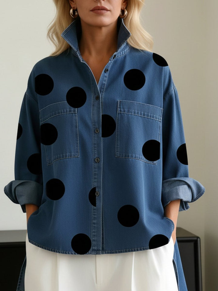 Women's Denim Blouse with Bold Polka Dots (3)