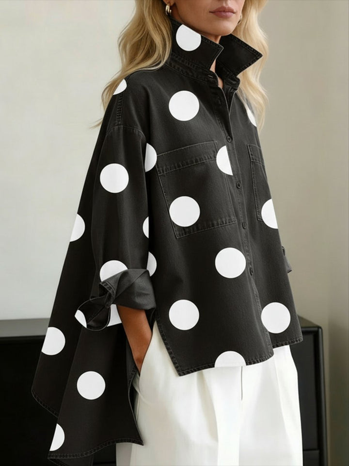 Women's Denim Blouse with Bold Polka Dots in Black