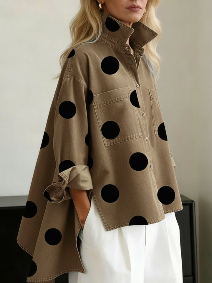 Women's Denim Blouse with Bold Polka Dots in Khaki
