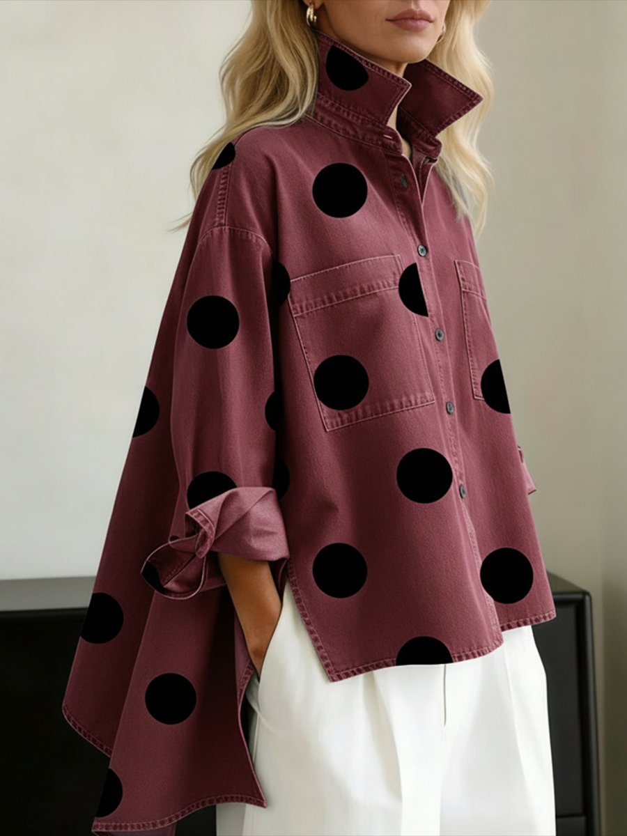 Women's Denim Blouse with Bold Polka Dots in Red