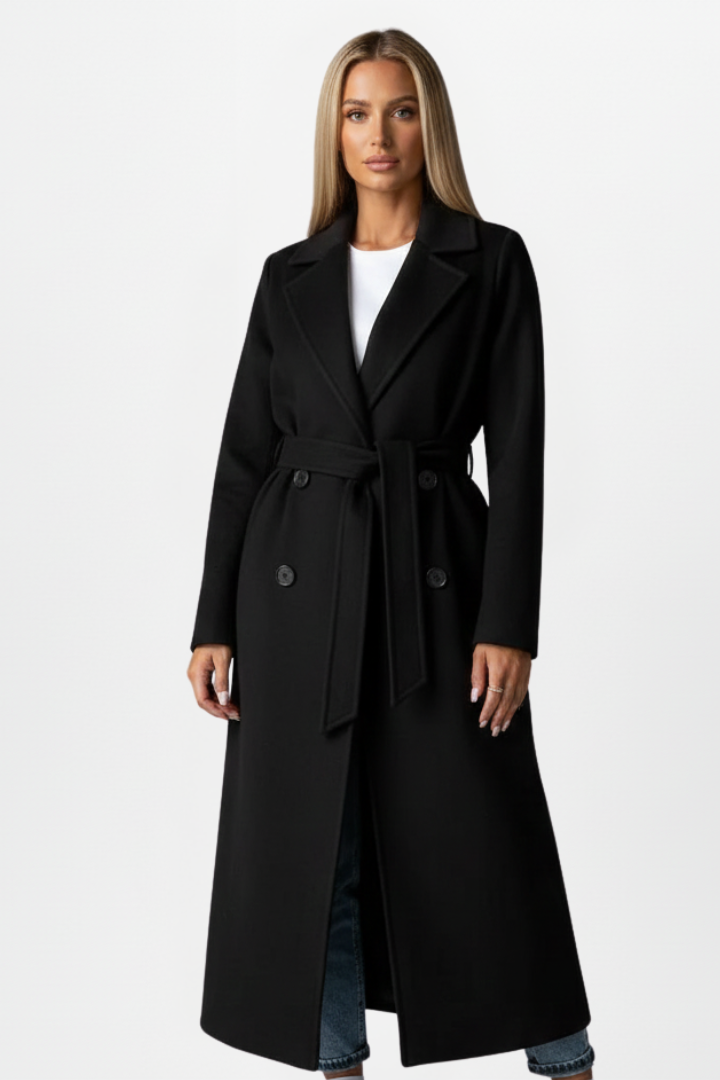 Women's Double-Breasted Long Winter Coat in Black