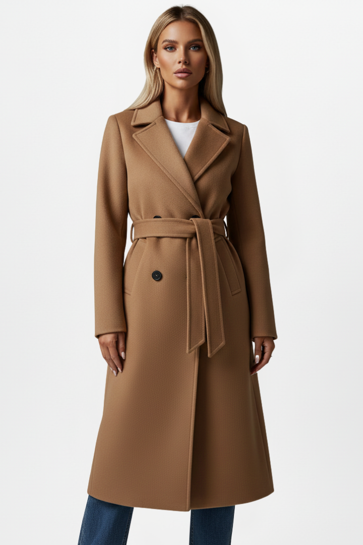 Women's Double-Breasted Long Winter Coat in Camel