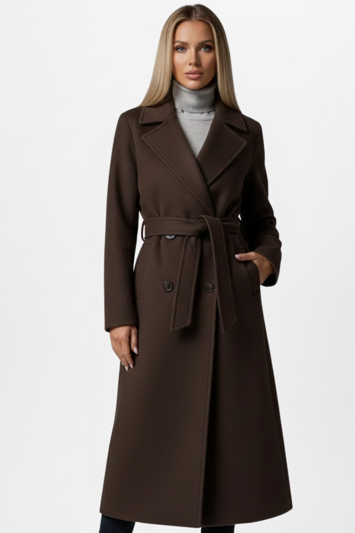 Women's Double-Breasted Long Winter Coat in Chocolate Brown
