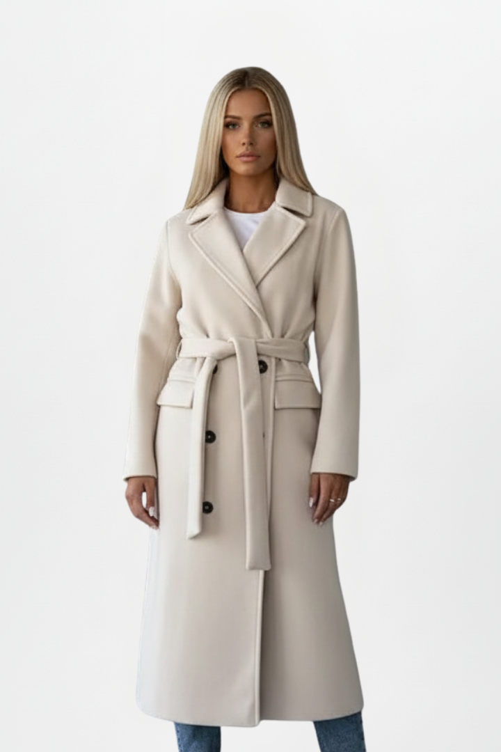 Women's Double-Breasted Long Winter Coat in Cream