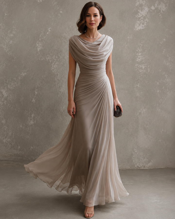 Women's Draped Maxi Christmas Party Dress in Beige