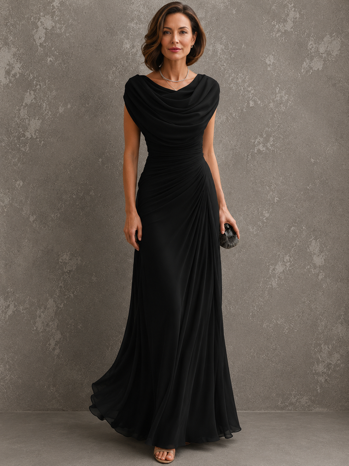 Women's Draped Maxi Christmas Party Dress in Black