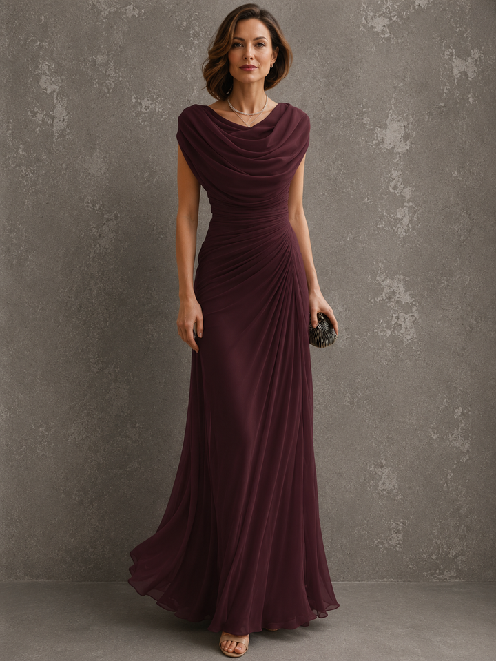Women's Draped Maxi Christmas Party Dress in Burgund