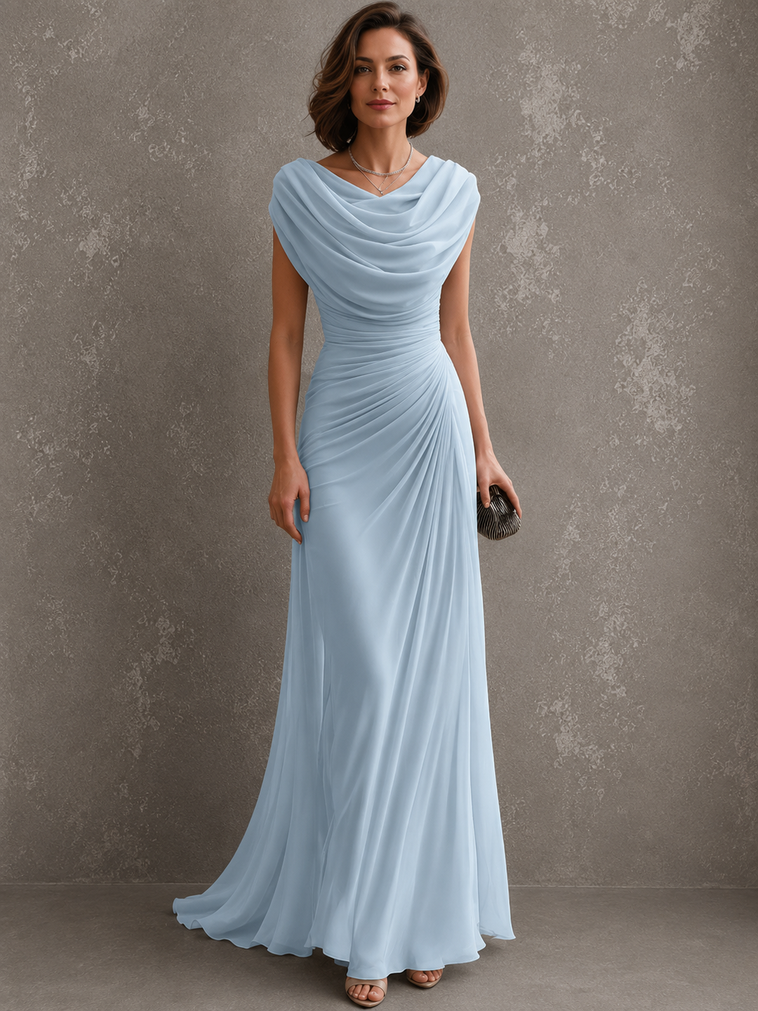Women's Draped Maxi Christmas Party Dress in Light Blue