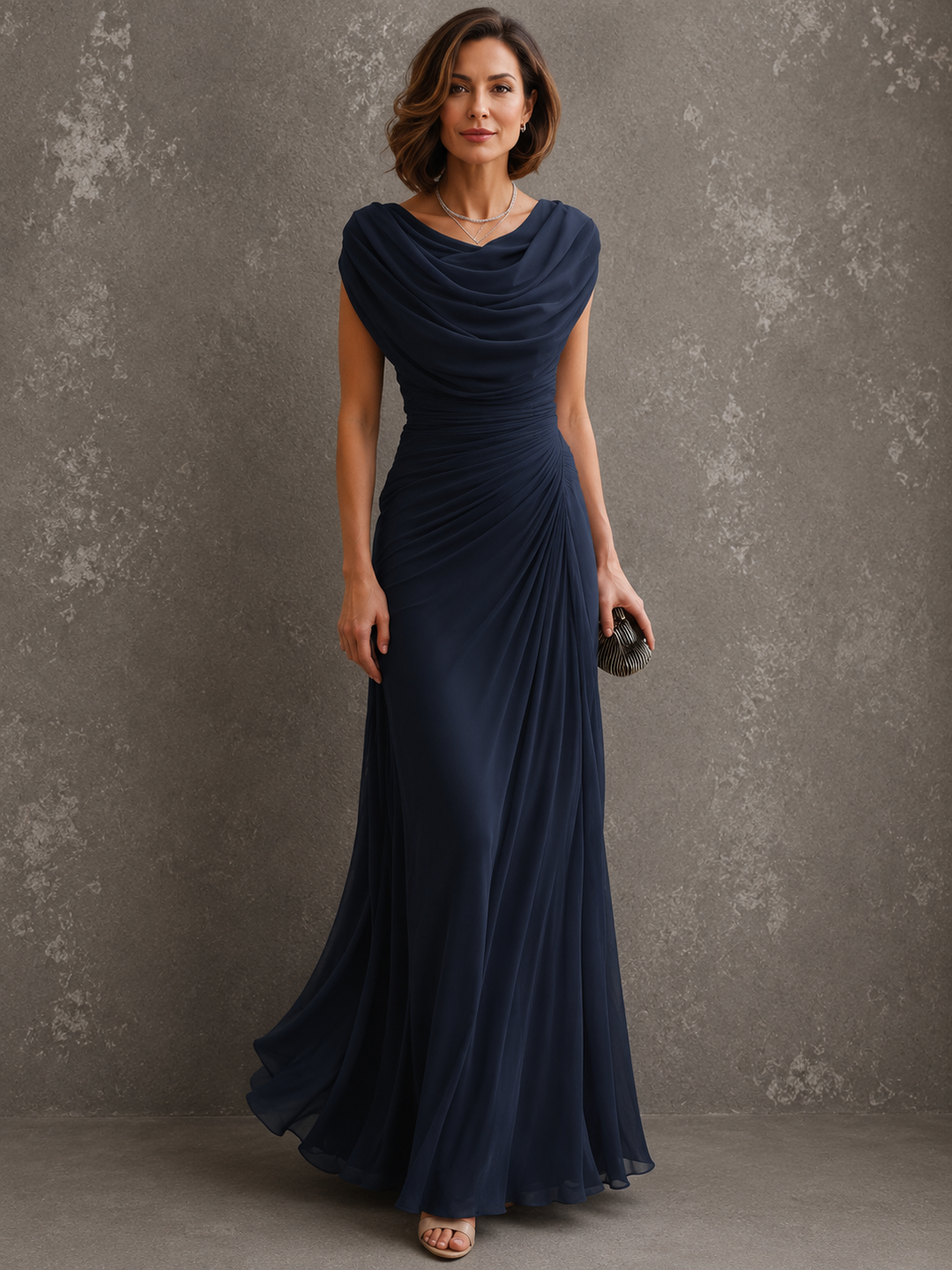 Women's Draped Maxi Christmas Party Dress in Navy