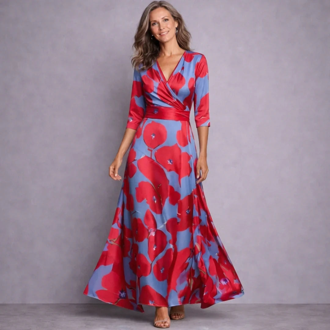 Women's Dress Maxi in Refined Floral in Red/Blue