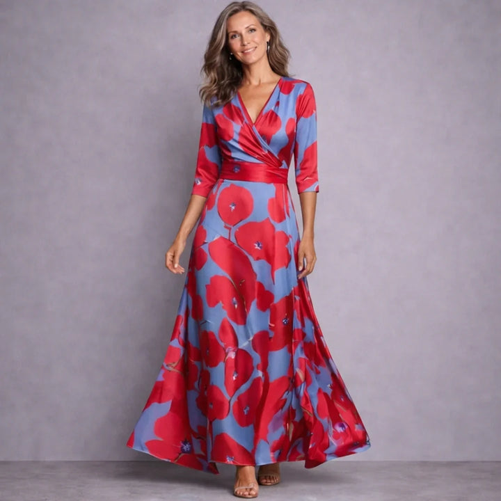 Women's Dress Maxi in Refined Floral in Red/Blue