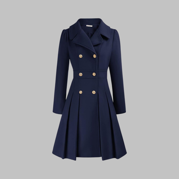 Women's Elegant Autumn Coat with Double Buttons in Dark Blue