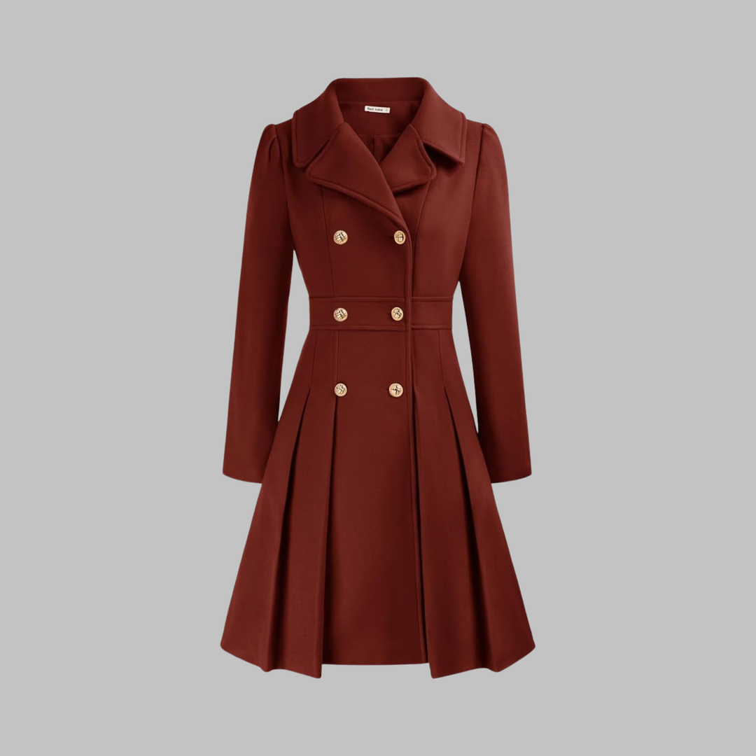Women's Elegant Autumn Coat with Double Buttons in Deep Red
