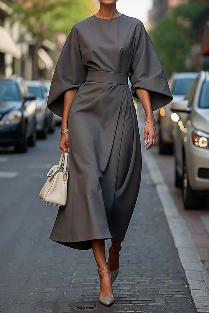Women's Elegant Autumn Dress with Statement Sleeves in Grey