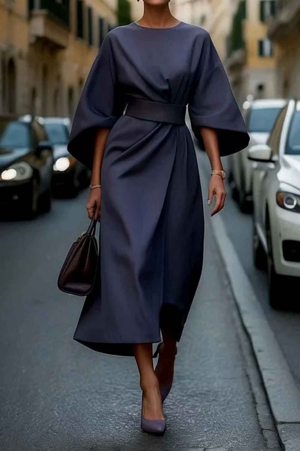 Women's Elegant Autumn Dress with Statement Sleeves in Navy Blue