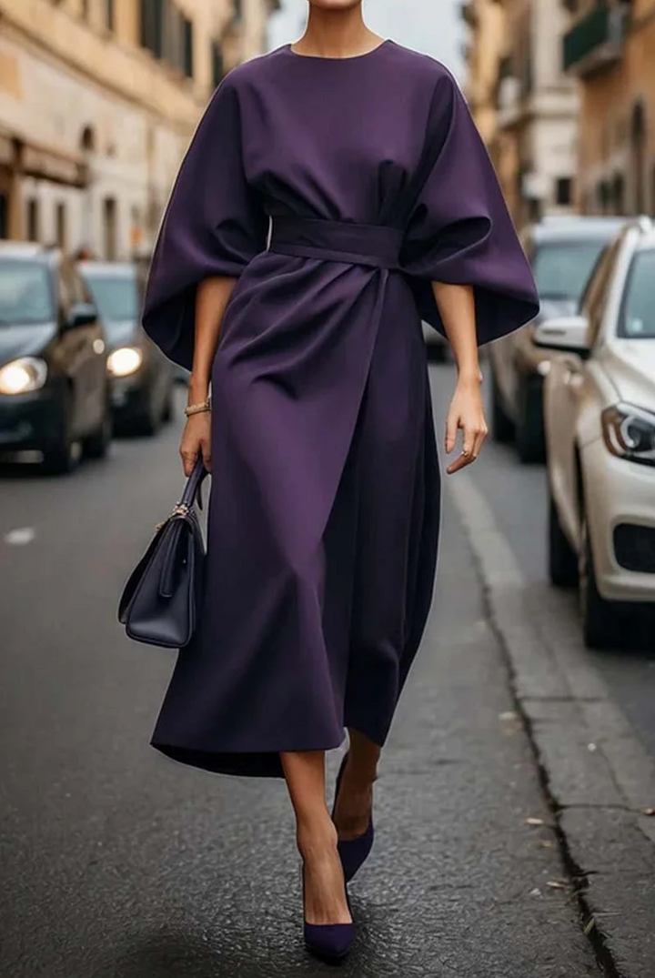 Women's Elegant Autumn Dress with Statement Sleeves in Purple