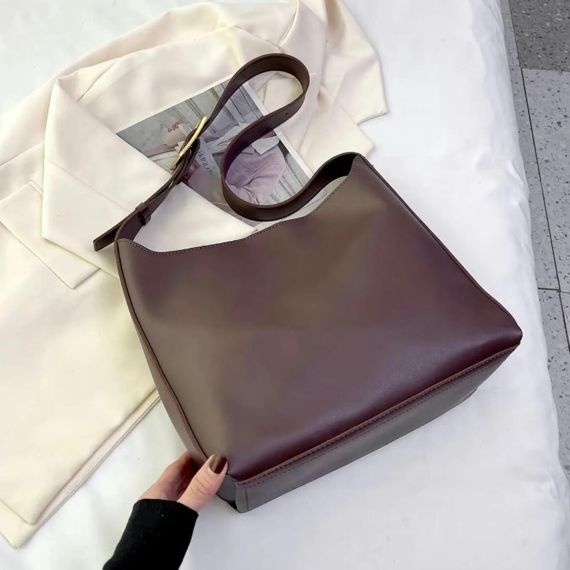 Women's Elegant Buckle Tote for Everyday Wear in Dark Brown