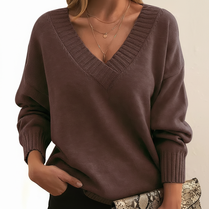 Women's Elegant Cashmere Sweater with V-Neckline in Brown