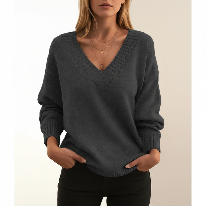Women's Elegant Cashmere Sweater with V-Neckline in Dark Grey