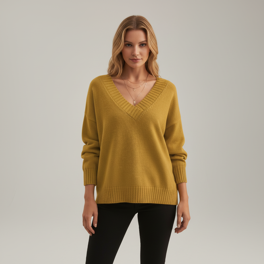 Women's Elegant Cashmere Sweater with V-Neckline in Yellow